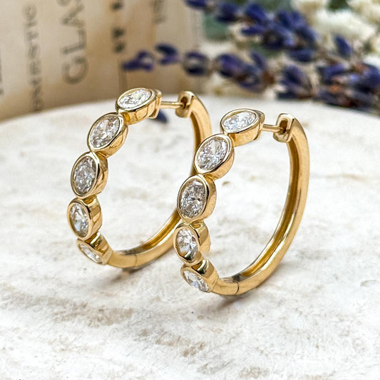 2ctw bezel diamond earrings hoops in 14K gold