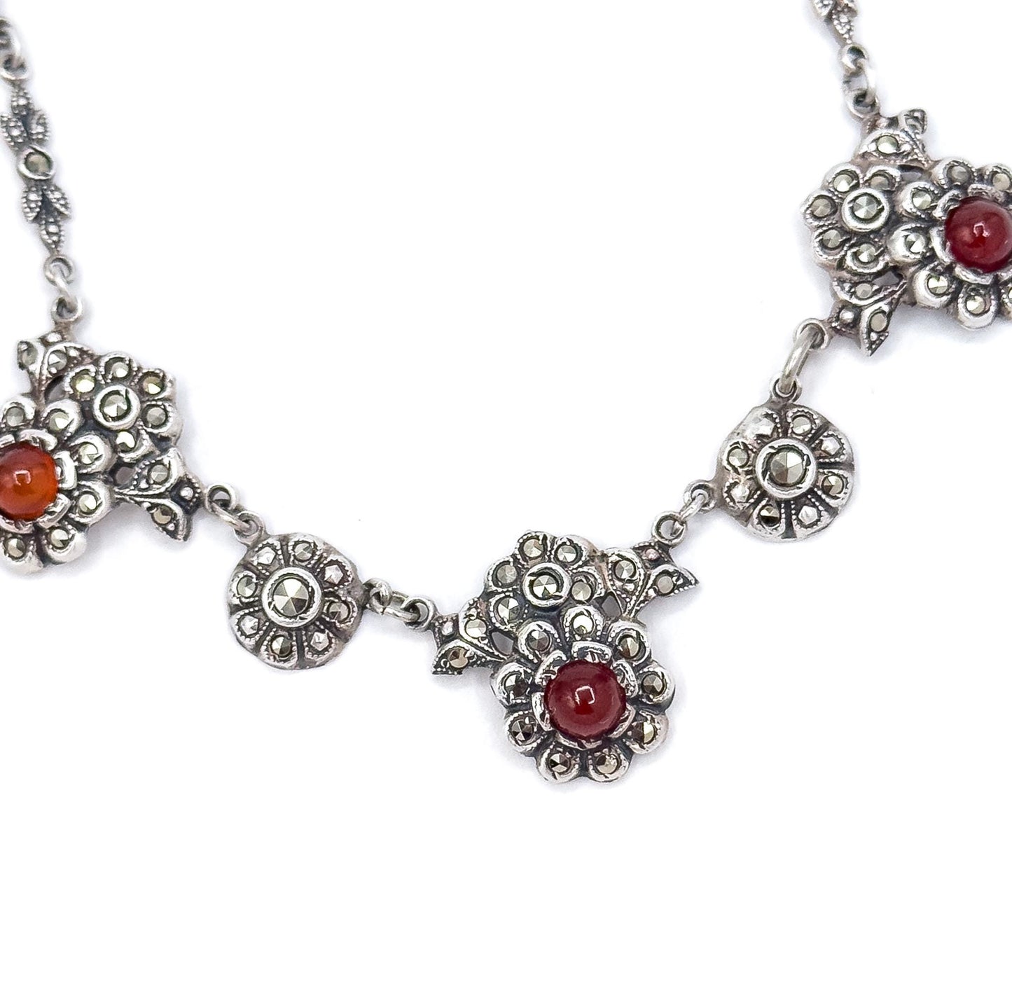 Antique Art Deco Carnelian & Marcasite Sterling Silver Floral Necklace