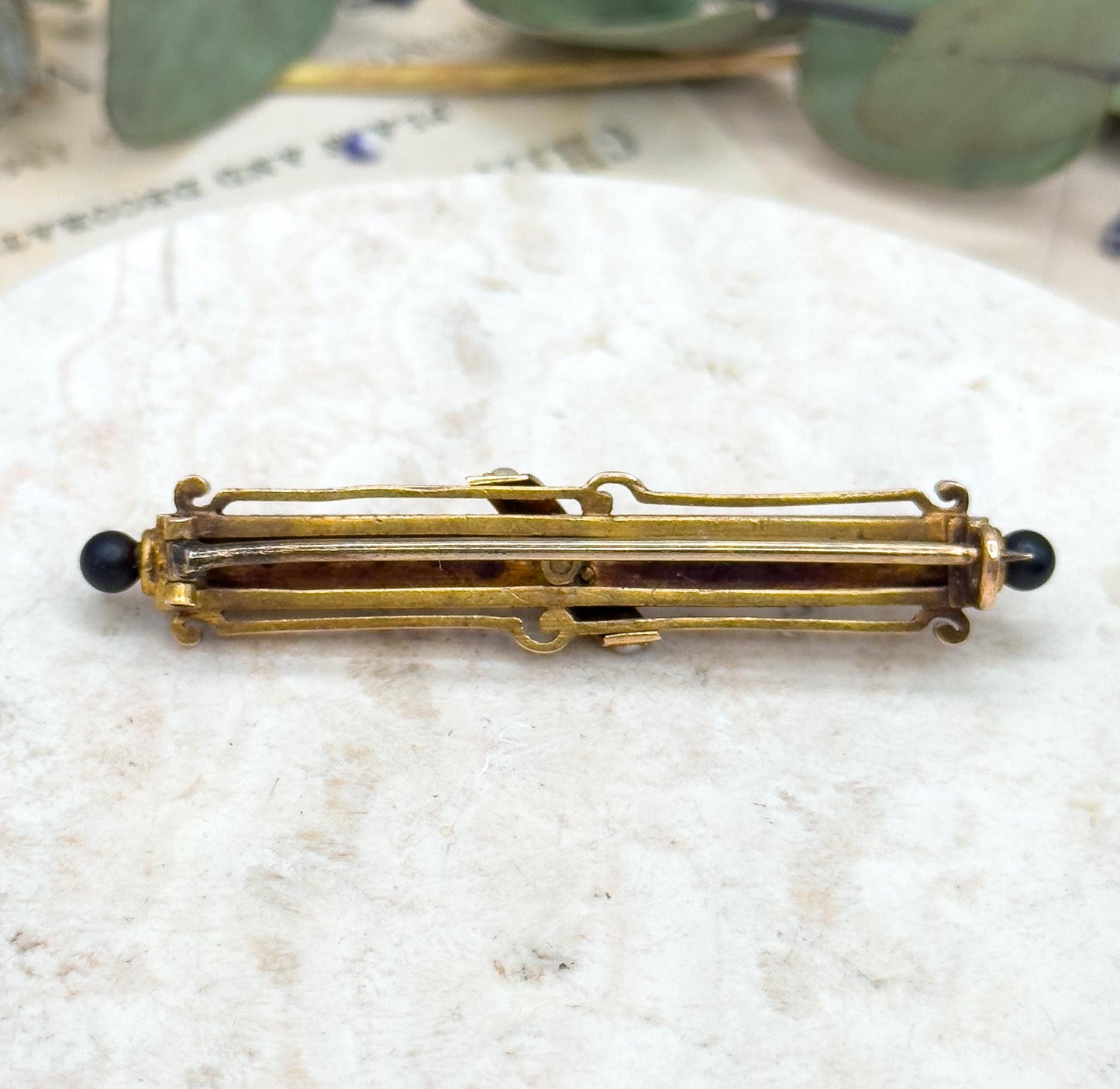 Victorian 14K Gold Bar Brooch: Seed Pearls & Black Enamel