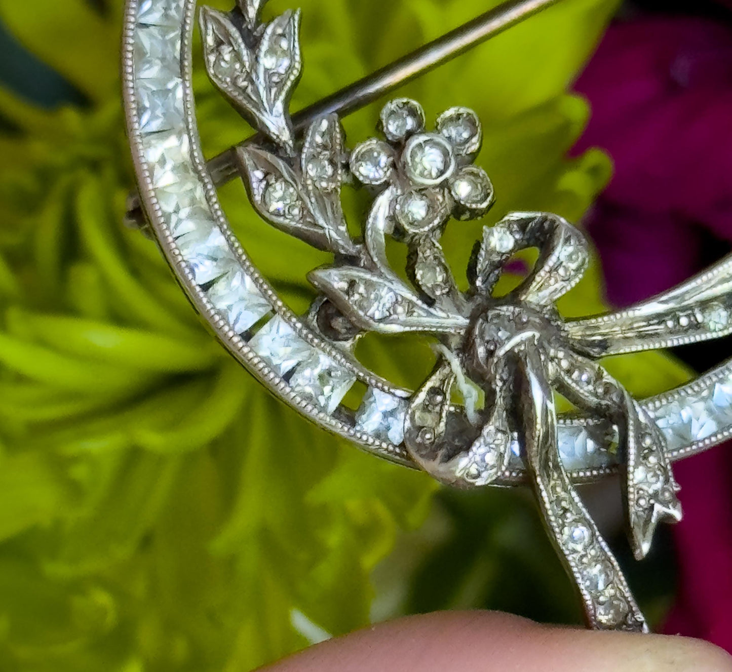 Antique Art Deco Floral Circle Brooch with Bow in Sterling Silver Antique Paste Wreath Brooch