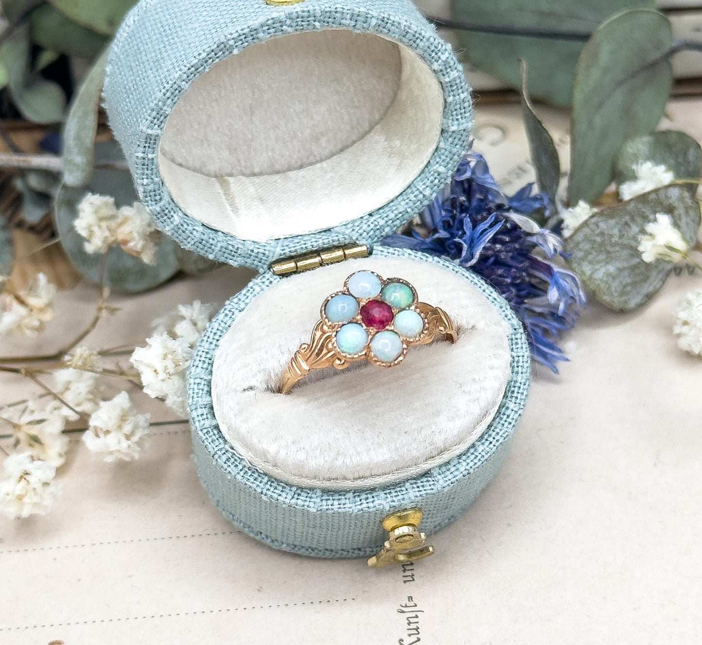 Antique Victorian Opal Flower Ring in 10K Rosę Gold w Ruby Paste Centerstone