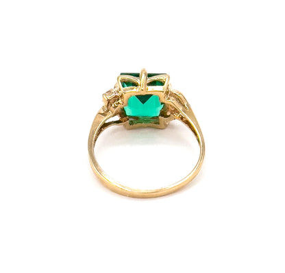 Vintage 10K Gold Green Paste Emerald Cut Ring - White Topaz Accents