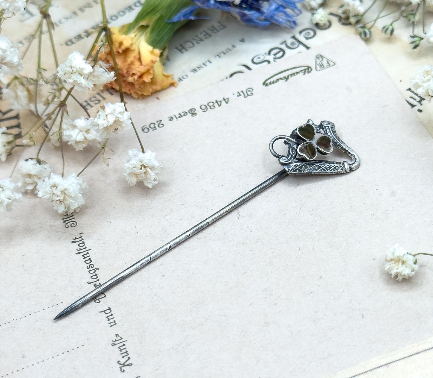 Antique Connemara Shamrock Stick Pin harp Stickpin