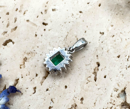 Petite Emerald & Diamond halo Pendant in Platinum