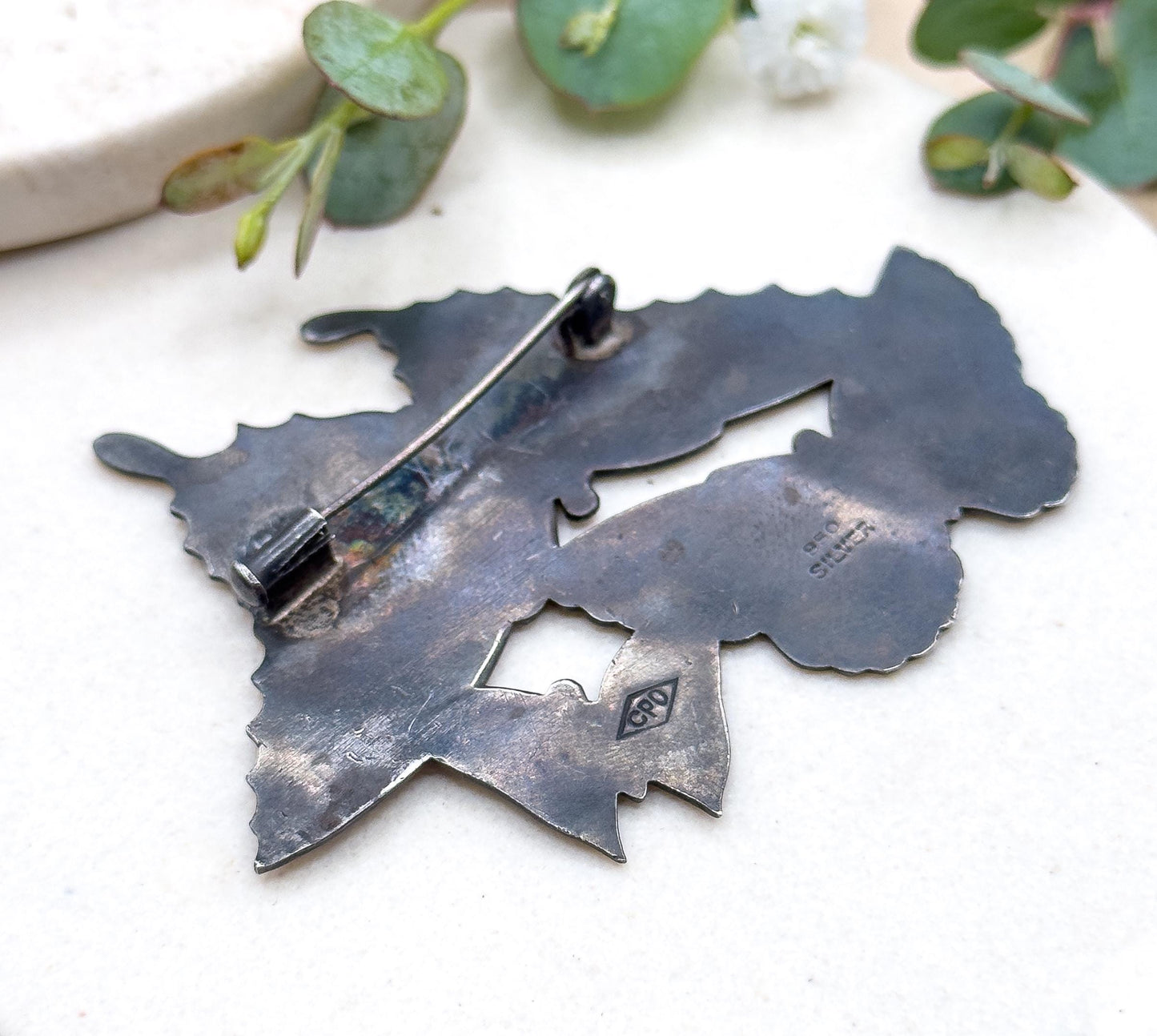 Large Vintage Butterfly Brooch in 950 Silver CPO Three Butterflies