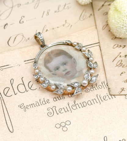 Antique watercolor portrait miniature in Platinum and 14k Gold Edwardian Portrait Pendant Locket