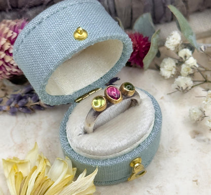 Handmade Three-Stone Peridot Garnet Ring Sterling Silver 22K Gold
