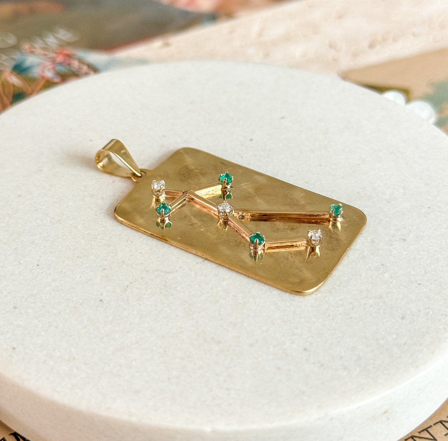 Unique Vintage Figure Pendant with Emerald & Diamonds in 14K Gold