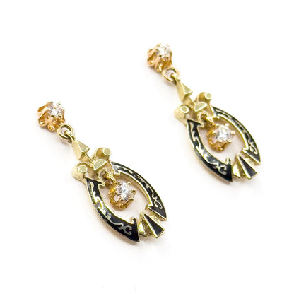 Vintage Diamond Dangle Stud Earrings in Black Enamel 14K Yellow Gold