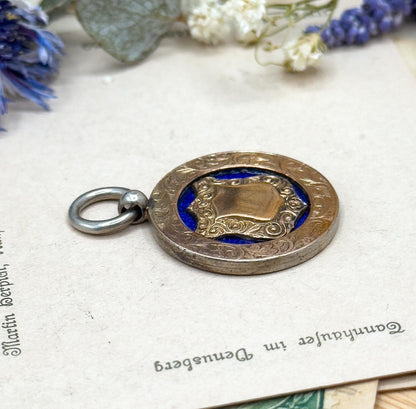 Antique Blue Guilloche Enamel Shield Fob: Sterling Silver & Gold, Hallmarked 1907