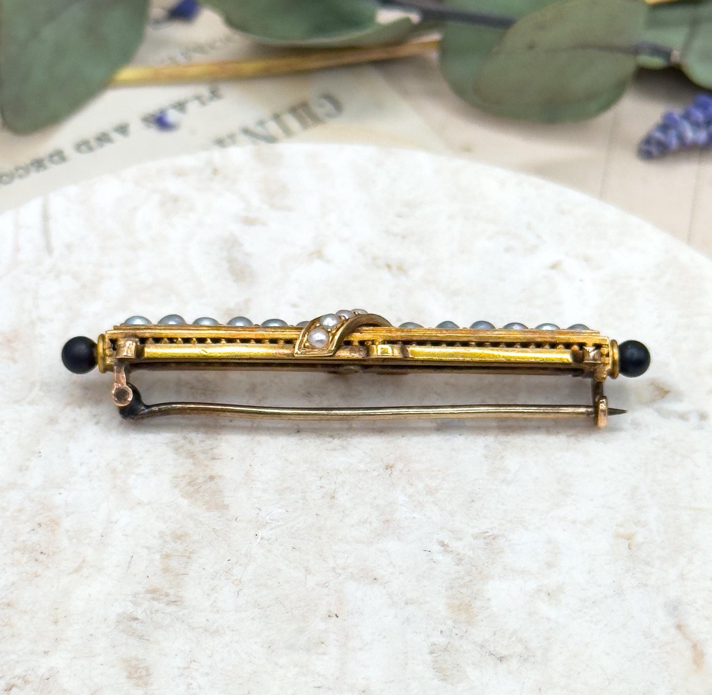 Victorian 14K Gold Bar Brooch: Seed Pearls & Black Enamel