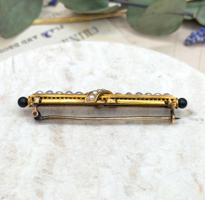 Victorian 14K Gold Bar Brooch: Seed Pearls & Black Enamel