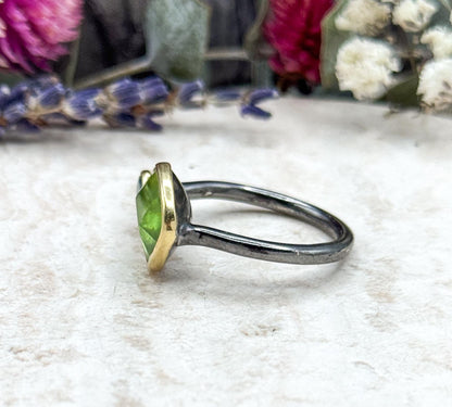 Artisan Rough Cut Peridot Ring with Blue Topaz Accent in Sterling Silver with 18K Gold