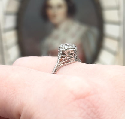Antique Art Deco Filigree engagement ring in 14K / 10K White Gold Old European Cut