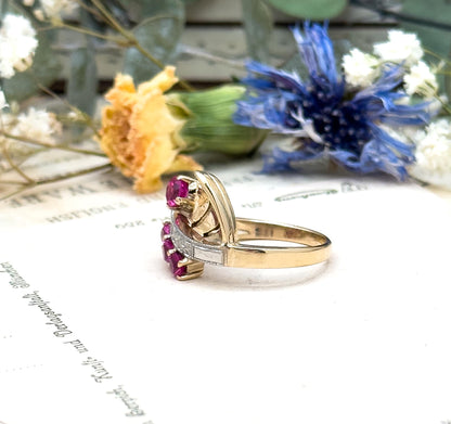 Retro Ruby Ring in 10K Yellow Gold and White Gold Two Tone Vintage 1940s Retro Era Jewelry Volute Ring synthetic Ruby Ring Pink Gemstone fun
