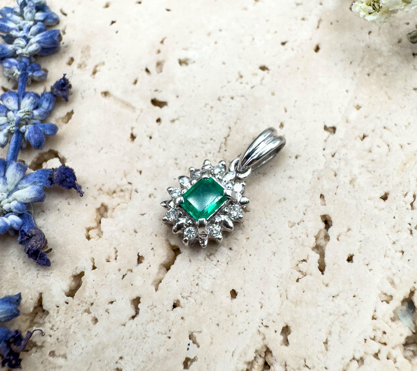 Petite Emerald & Diamond halo Pendant in Platinum