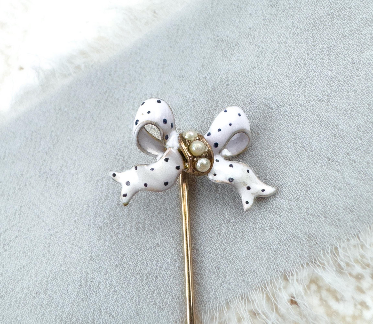 Victorian Bow Pin with Polka Dot Enamel & Seed Pearls in 15K Gold