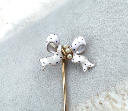 Victorian Bow Pin with Polka Dot Enamel & Seed Pearls in 15K Gold