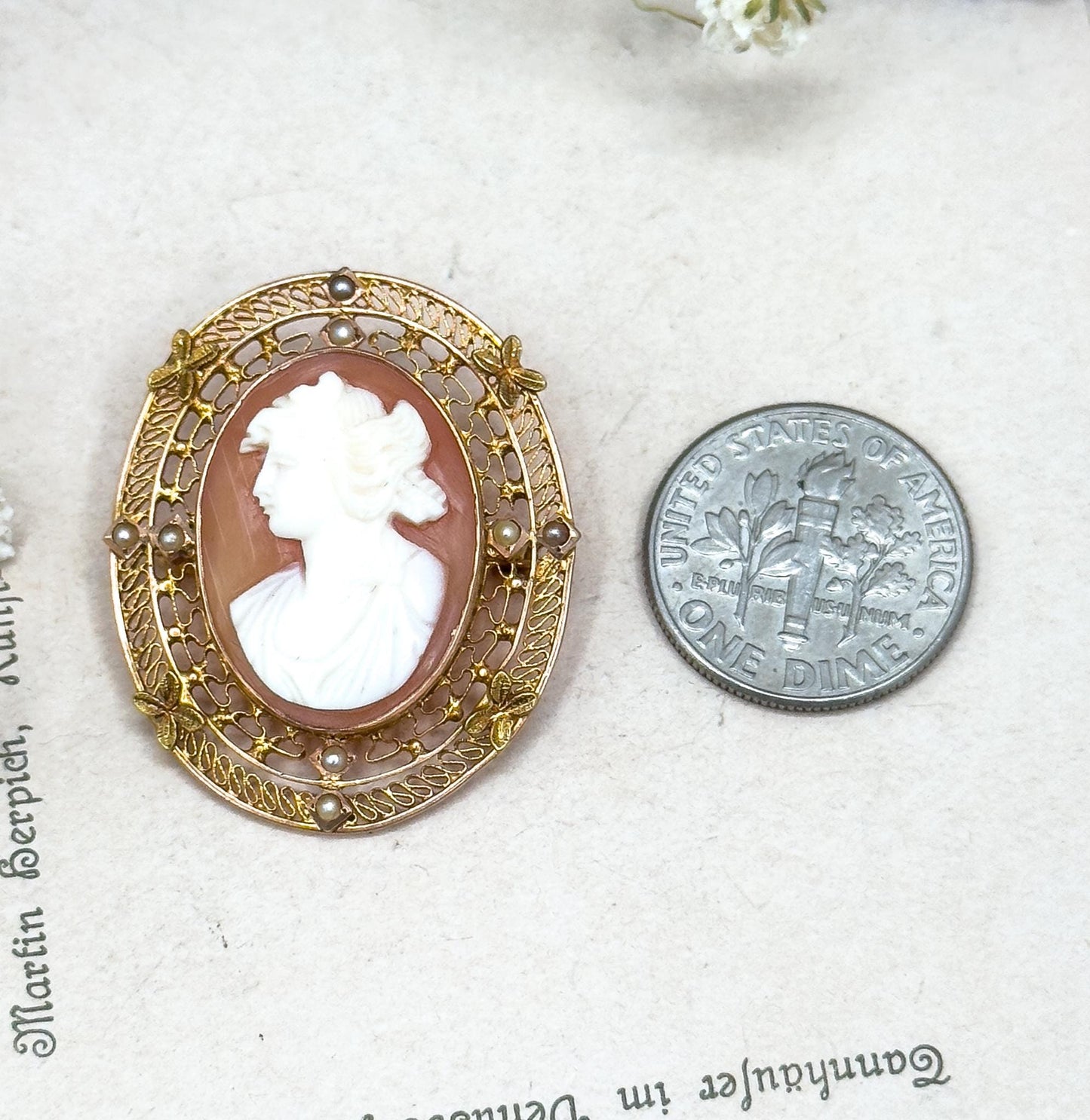 Antique Diana Cameo Brooch: 10K Gold Filigree, Seed Pearls