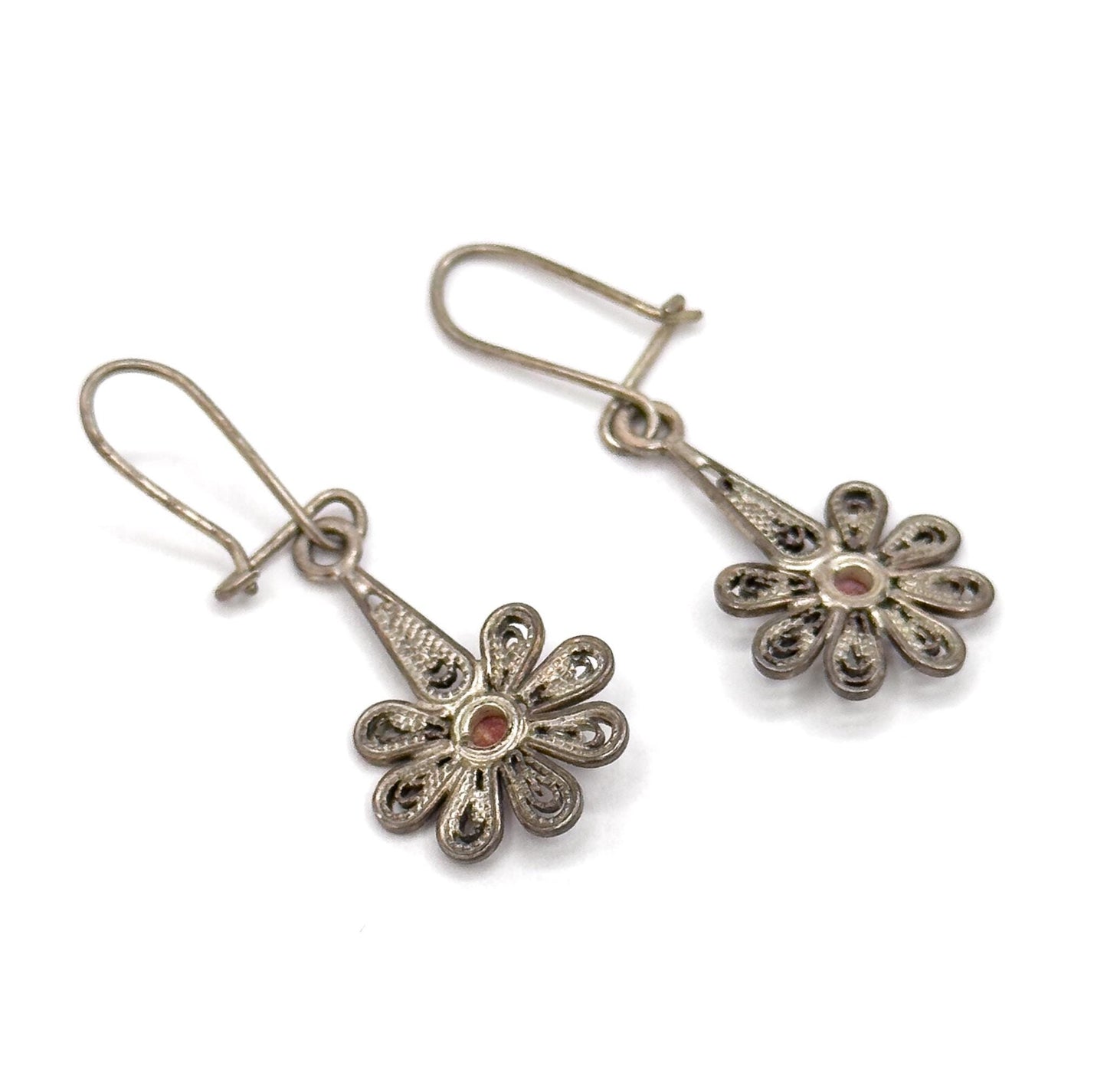 Vintage Flower Filigree Drop Earrings with Red Coral cabochon stamped 800 Silver