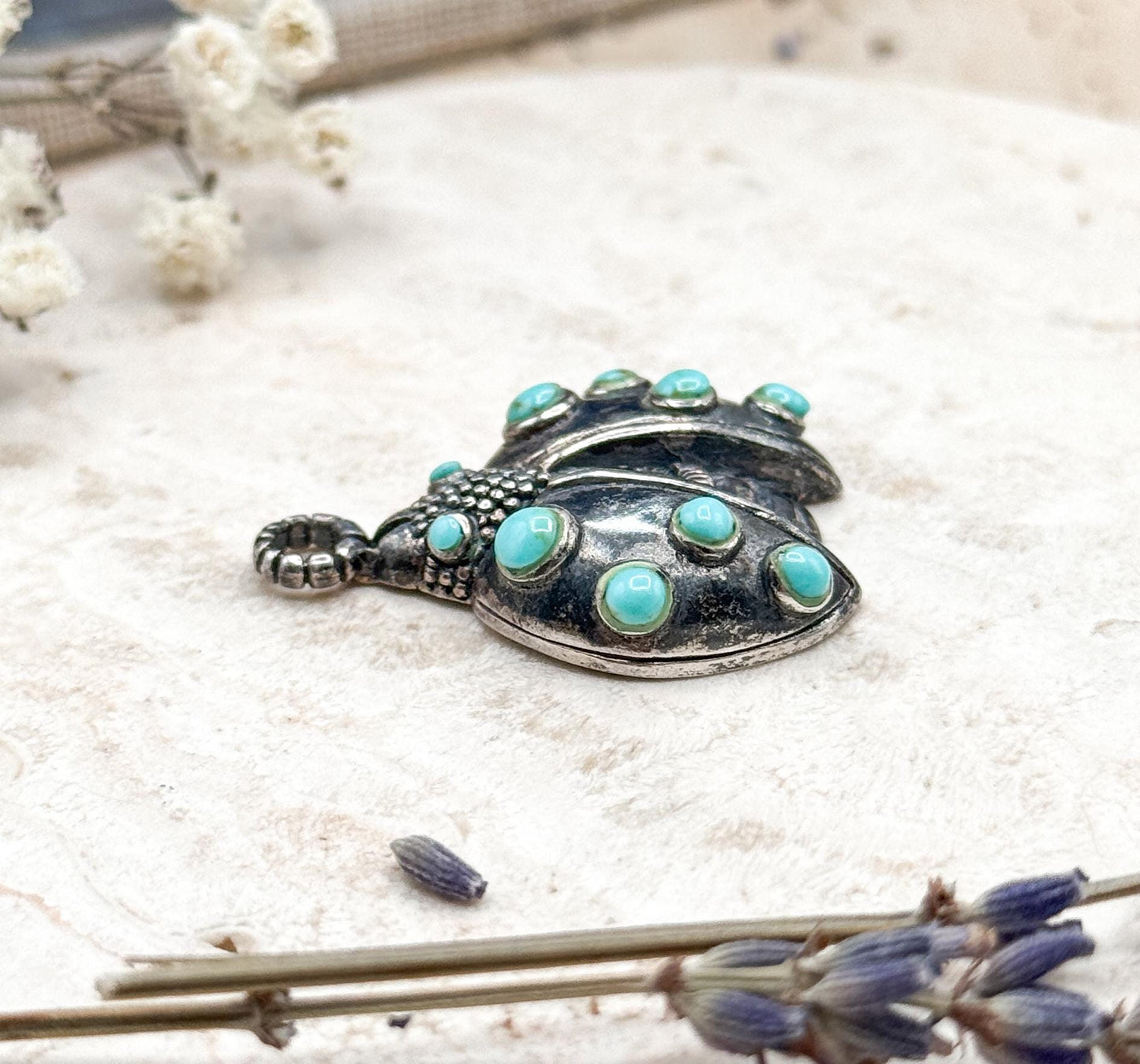 Vintage Sterling Silver Ladybug Pendant with Turquoise Cabochons