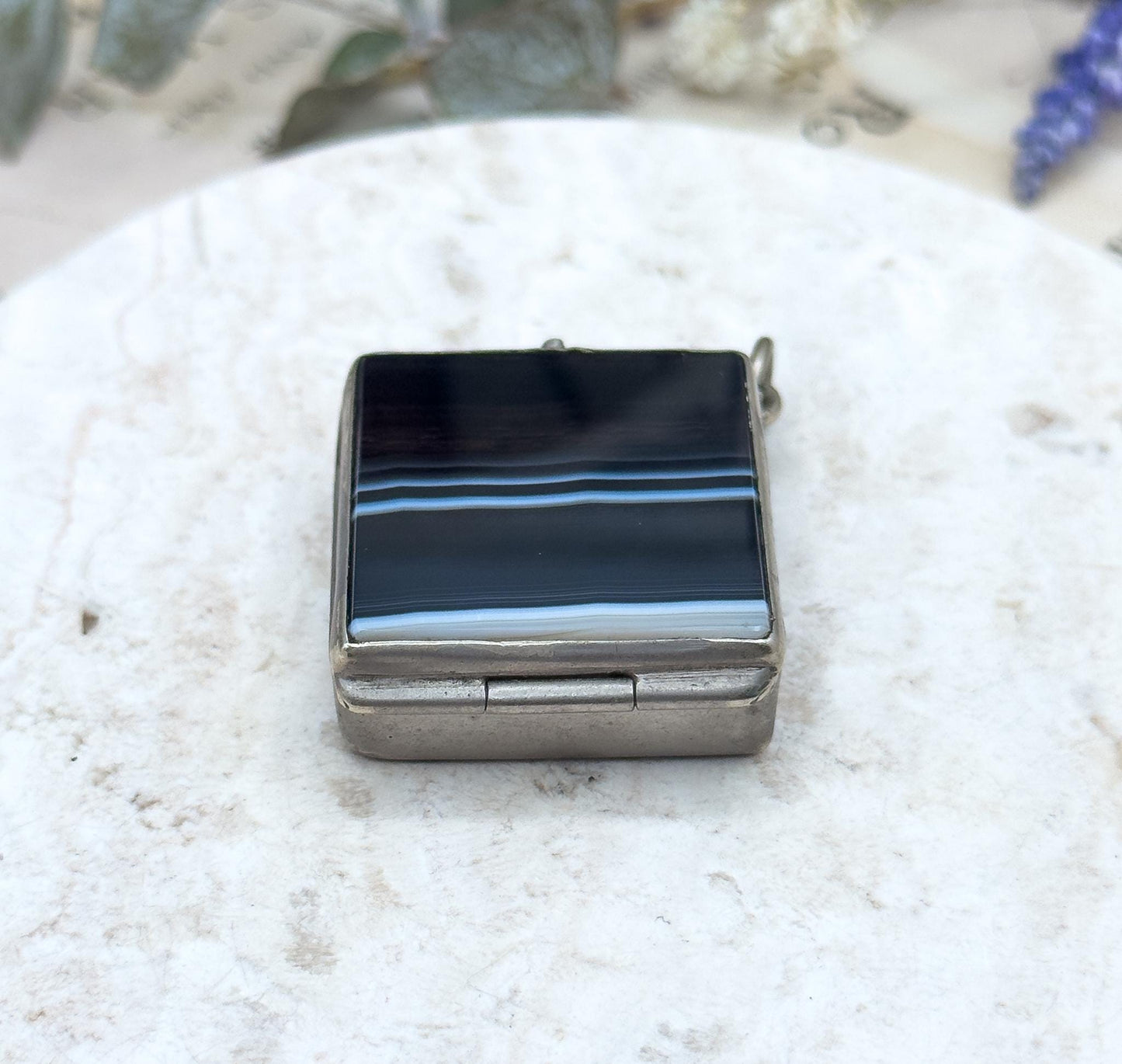 Victorian Banded Agate Box Pendant: Antique Snuff Trinket Box, 1800s