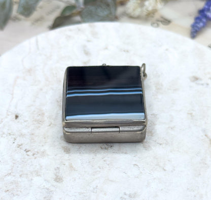 Victorian Banded Agate Box Pendant: Antique Snuff Trinket Box, 1800s