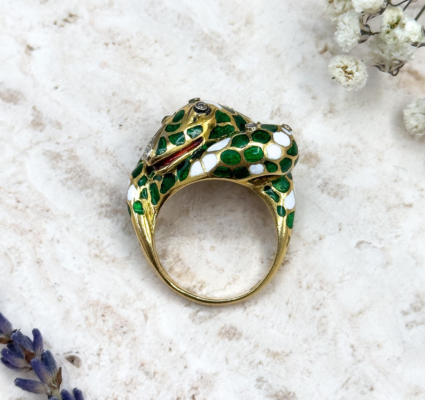 Exquisite Vintage Snake ring with Diamond Gem Set Eyes and Enamel 18K Yellow Gold