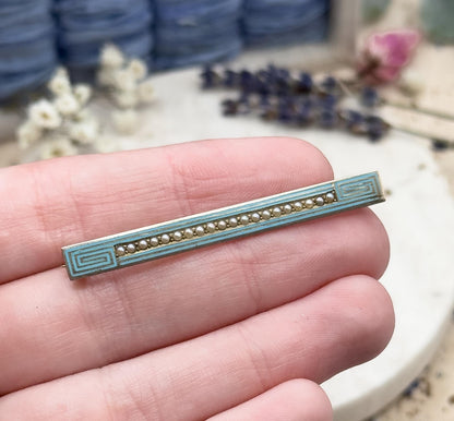 Antique Enamel Bar Brooch in 10K Yellow Gold with Seed Pearls Greek Key