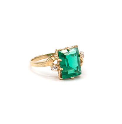 Vintage 10K Gold Green Paste Emerald Cut Ring - White Topaz Accents