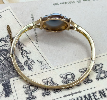 Victorian Banded Agate Bracelet in 14K Yellow Gold Solid Gold Bullseye Agate with Pearl