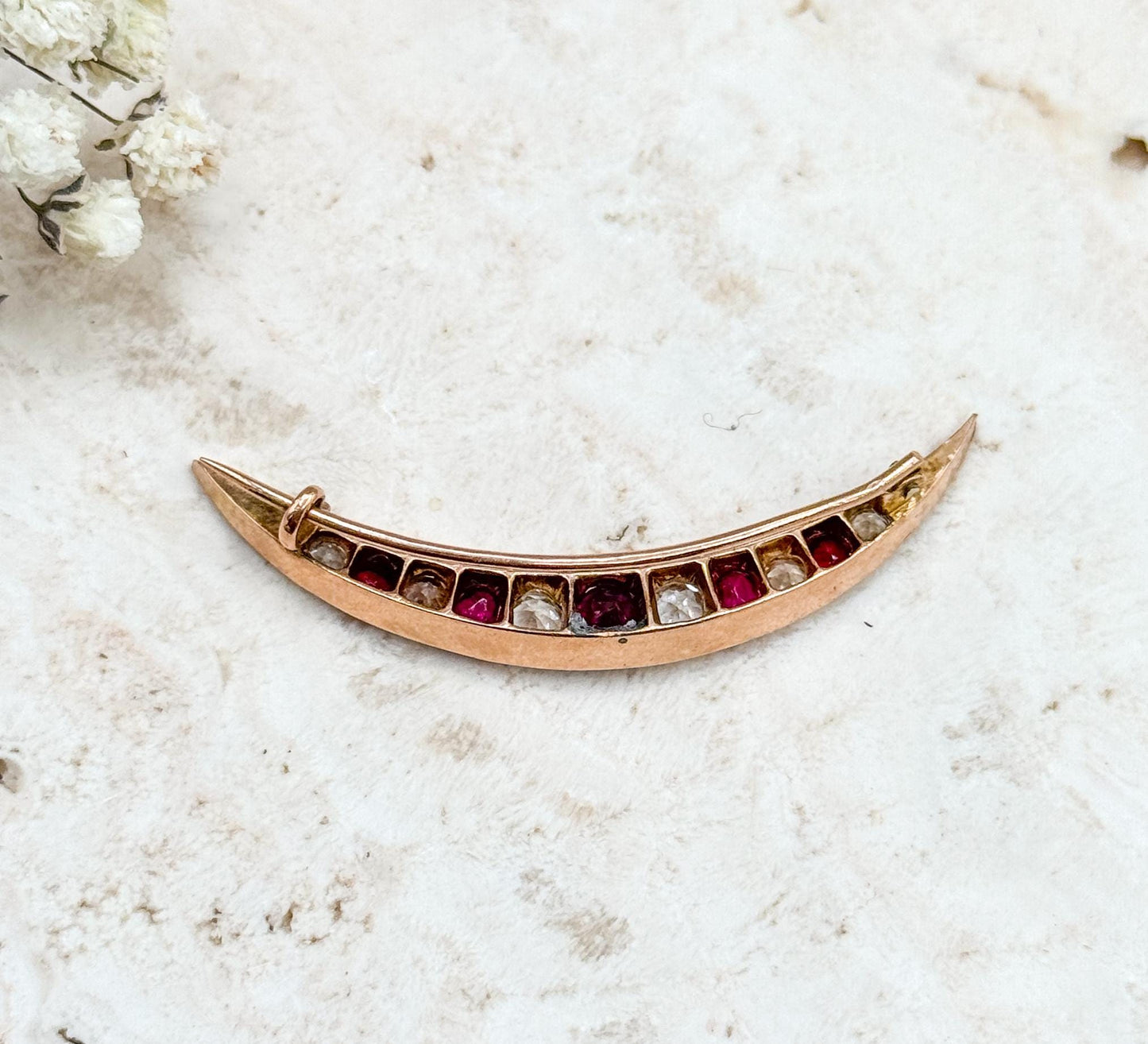 Victorian Crescent Moon Brooch with Red and White Gems in 10K Yellow Gold