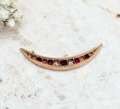 Victorian Crescent Moon Brooch with Red and White Gems in 10K Yellow Gold