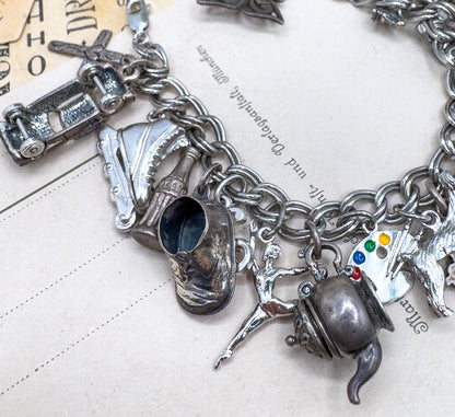 Vintage Charm Bracelet with Sterling Silver Charms Fully loaded charm bracelet 22 charms c
