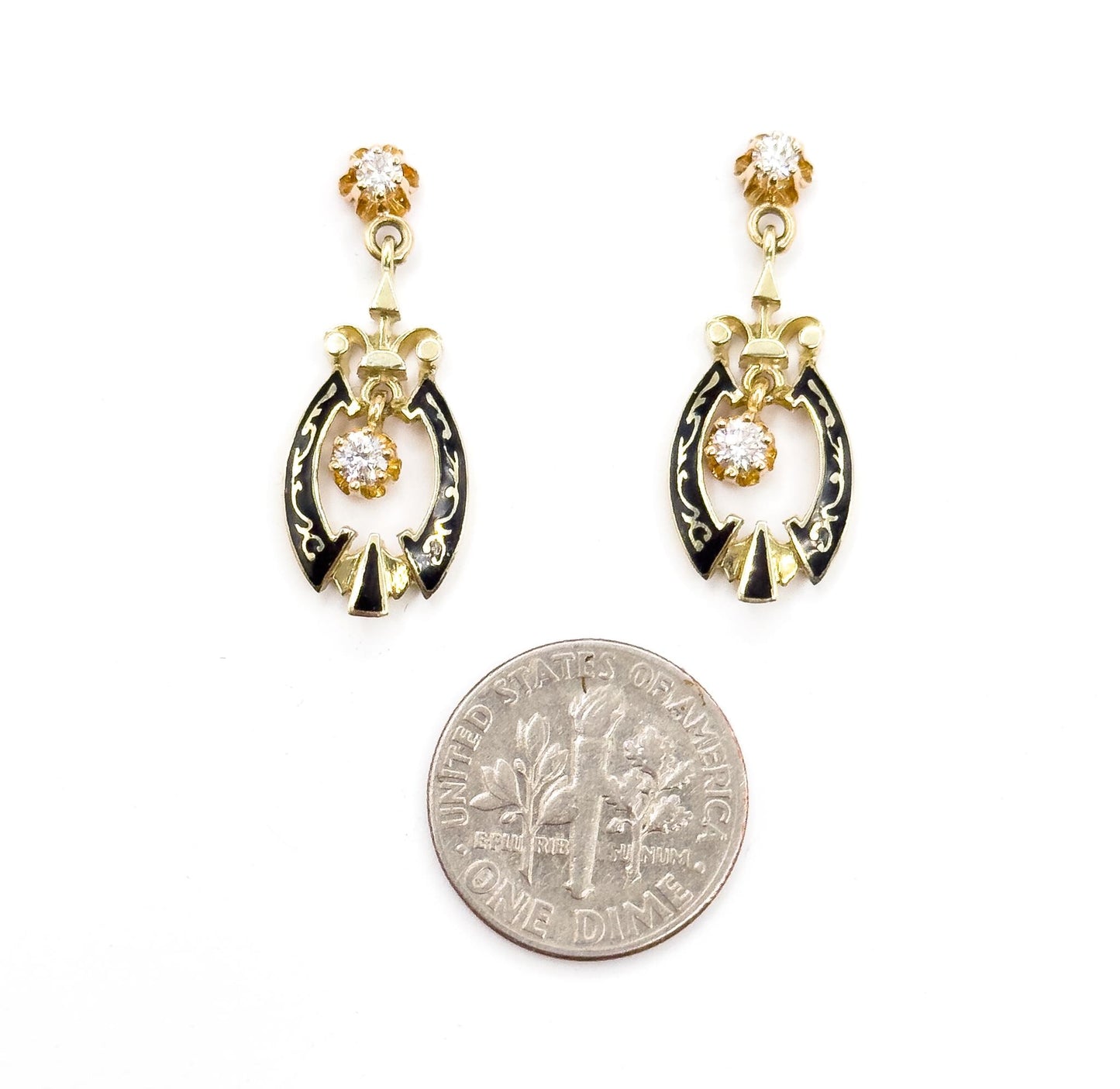 Vintage Diamond Dangle Stud Earrings in Black Enamel 14K Yellow Gold