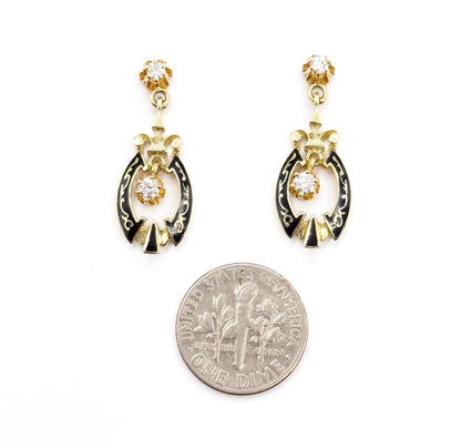 Vintage Diamond Dangle Stud Earrings in Black Enamel 14K Yellow Gold