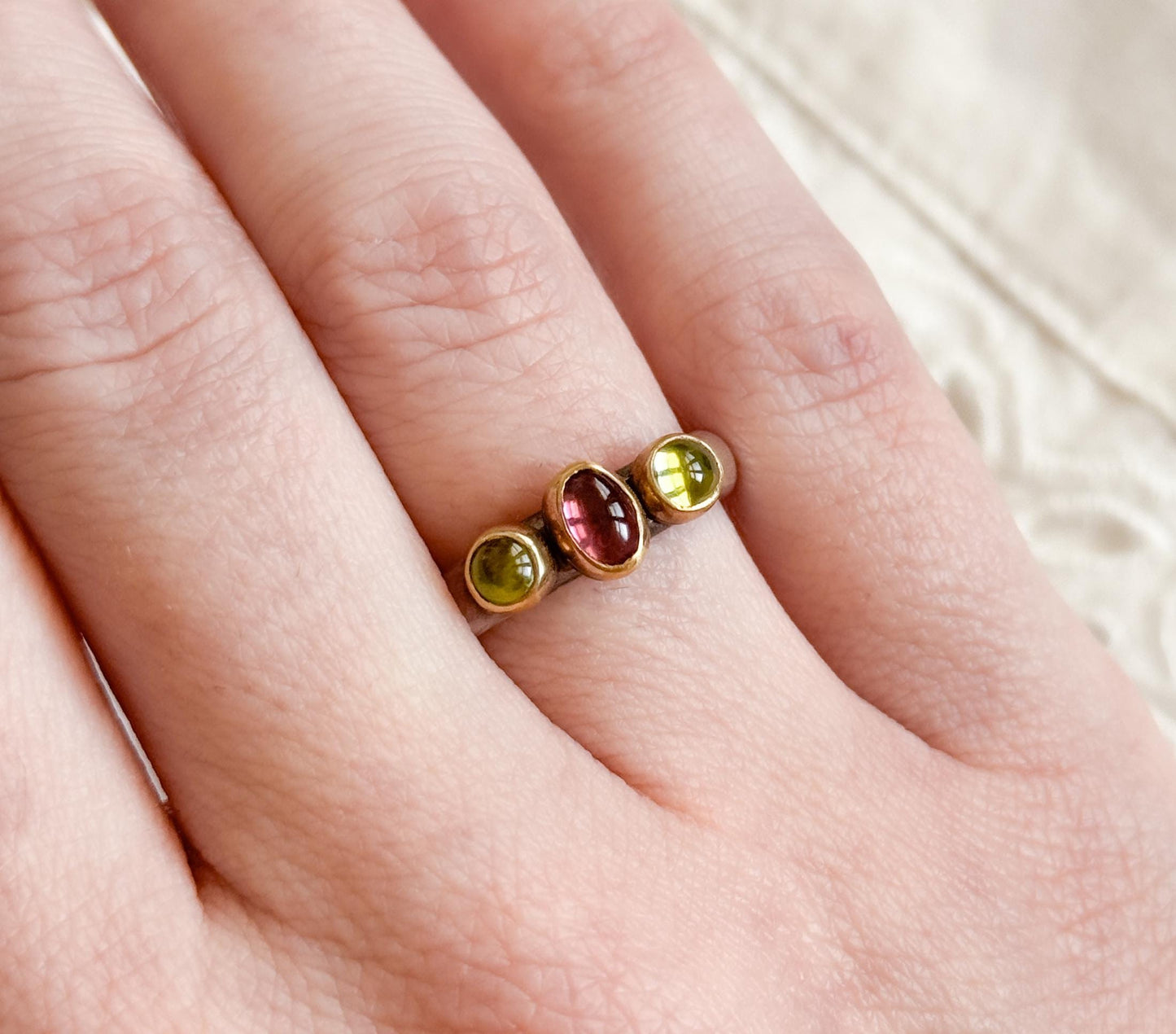 Handmade Three-Stone Peridot Garnet Ring Sterling Silver 22K Gold