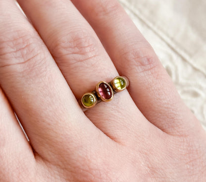Handmade Three-Stone Peridot Garnet Ring Sterling Silver 22K Gold