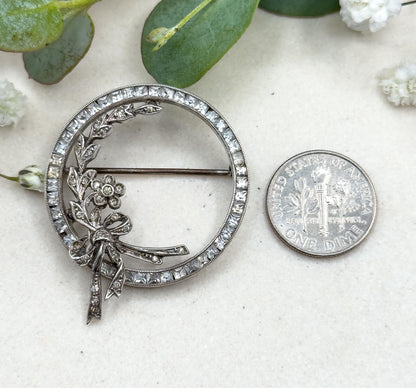 Antique Art Deco Floral Circle Brooch with Bow in Sterling Silver Antique Paste Wreath Brooch