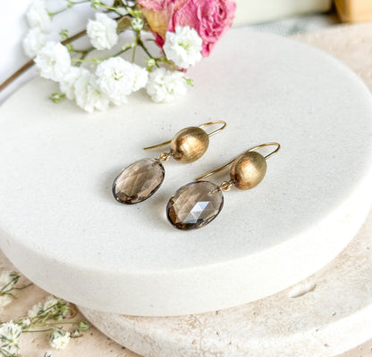 Vintage Smoky Quartz Drop Earrings in 14K Yellow Gold