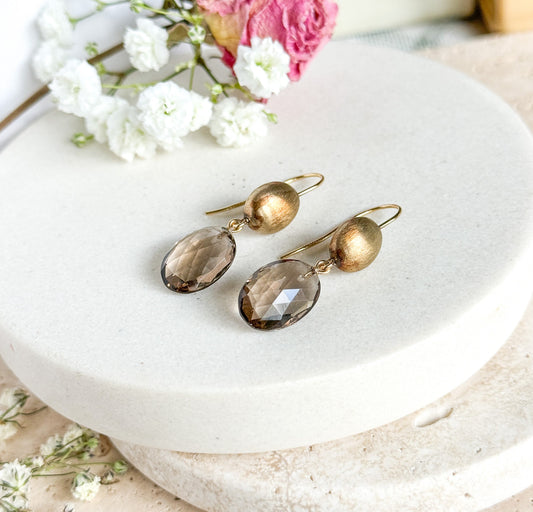 Vintage Smoky Quartz Drop Earrings in 14K Yellow Gold
