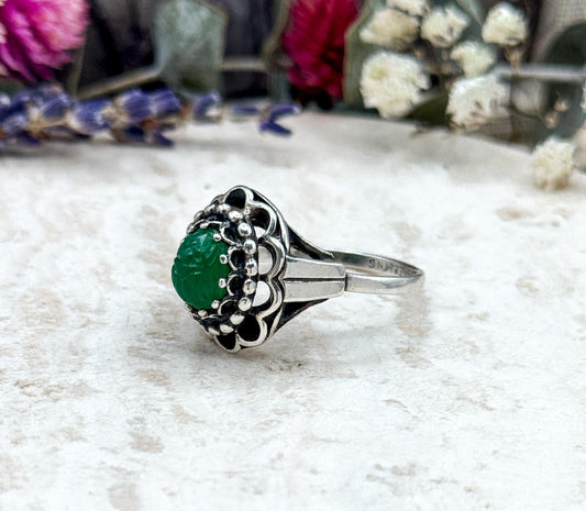 Vintage Green Scarab Beetle Ring in Sterling Silver