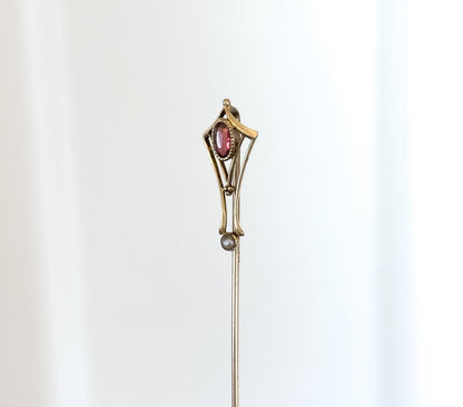 Lovely Antique Edwardian Stick Pin with Garnet Art Nouveau Stick pin in 10K Yellow Gold