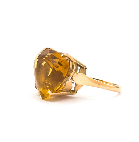Vintage Heart Citrine Cocktail Ring: 14K Gold Mid-Century Statement