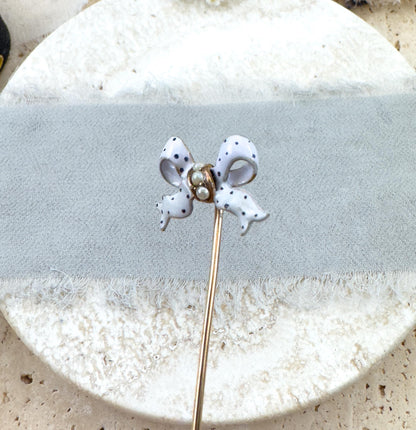 Victorian Bow Pin with Polka Dot Enamel & Seed Pearls in 15K Gold