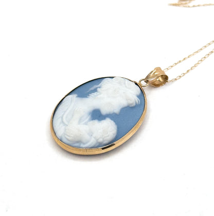 Vintage Mother & Child Jasperware Cameo Pendant Necklace in 10K Gold