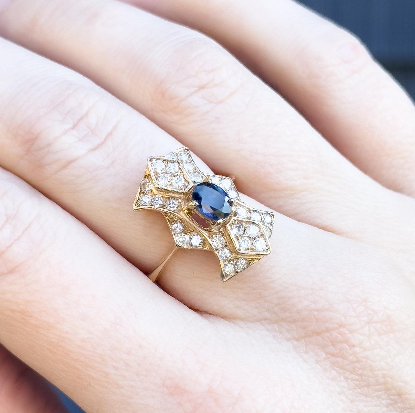 Vintage Pave Diamond & Blue Sapphire Shield ring in 14K Yellow Gold