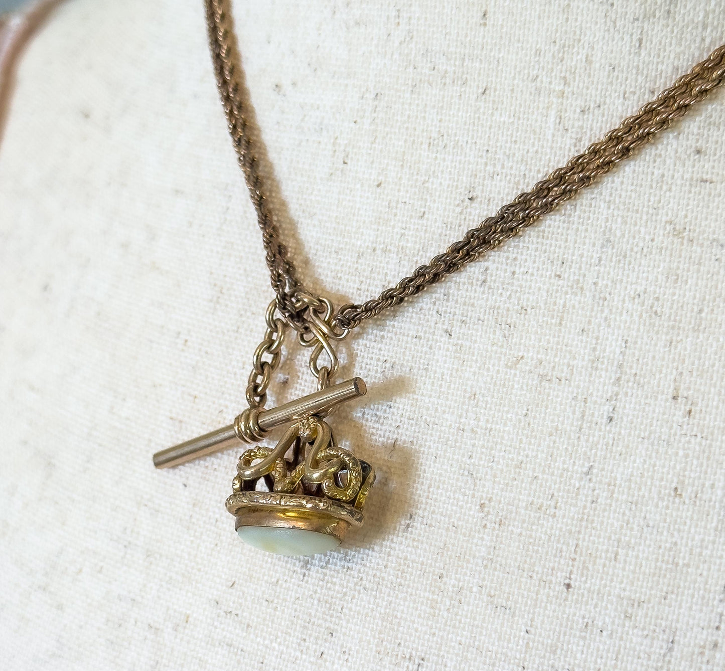 Antique Watch Fob Pendant with T-Bar on Chain Necklace