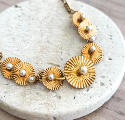 Vintage Midcentury necklace and earring set Engine turned disk necklace with Pearls