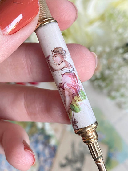 Antique Telescopic Pencil with Enamel Painted Figure in Grape Vines Propelling Pencil